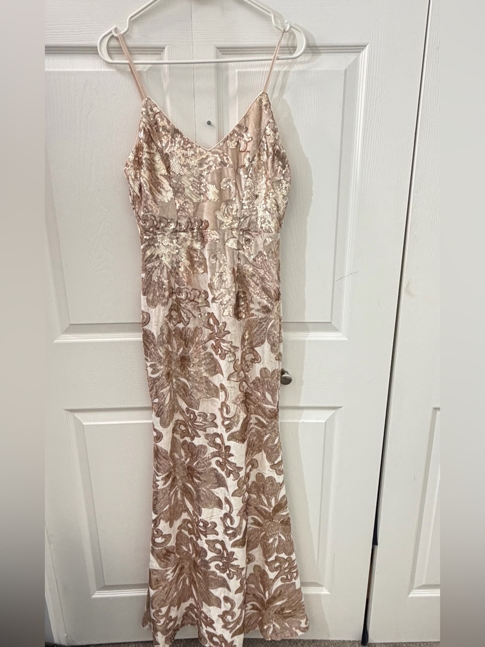 Lulus Rose Gold Blush dress Sequin Floral  Embroidered Maxi Formal Gown Size S